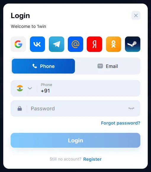 1win login process India